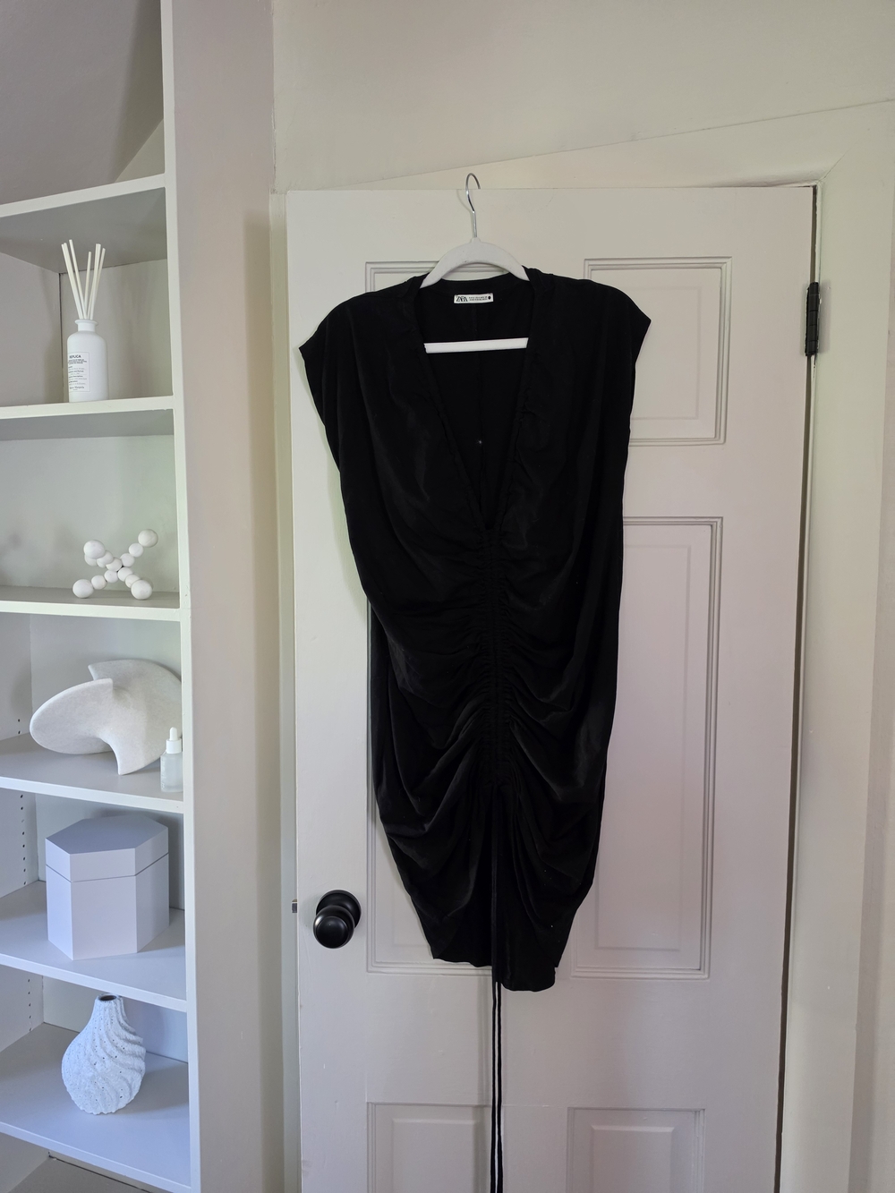 Zara small black Ruched V-Neck Dress - Elegant Evening Style